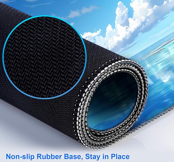 Healing Blue Sky Forest Sea Beach Scenery Keyboard Pad, Extended Office Computer Gaming Desktop Mouse Pad 35.4 x 15.7 Inches Non Slip Rubber Base with Stitched Edges