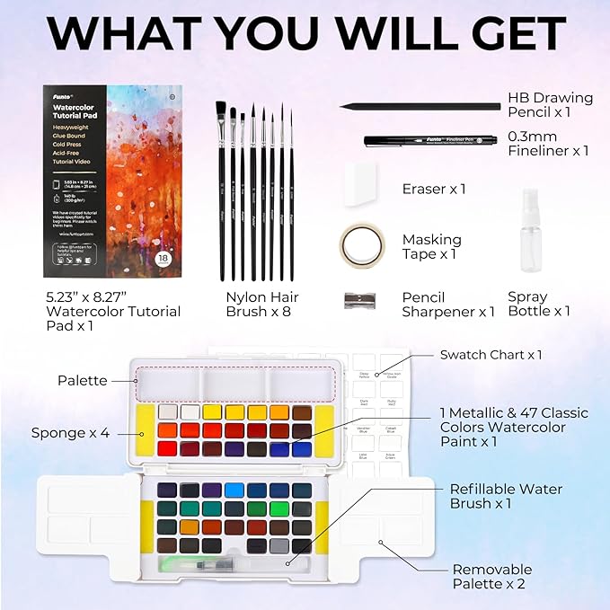 Funto Watercolor Paint Set, 48 Colors, Tutorial Pad, 8 Brushes,Water Brush Pen & More, Painting Set for Adults,Beginners,Professional