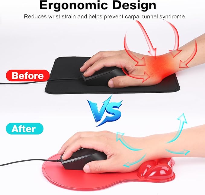 Mouse Pad with Gel Wrist Rest, Ergonomic Comfortable Computer Wrist Support for Laptop, Pain Relief Mousepad with Non-Slip PU Base for Office & Home Red