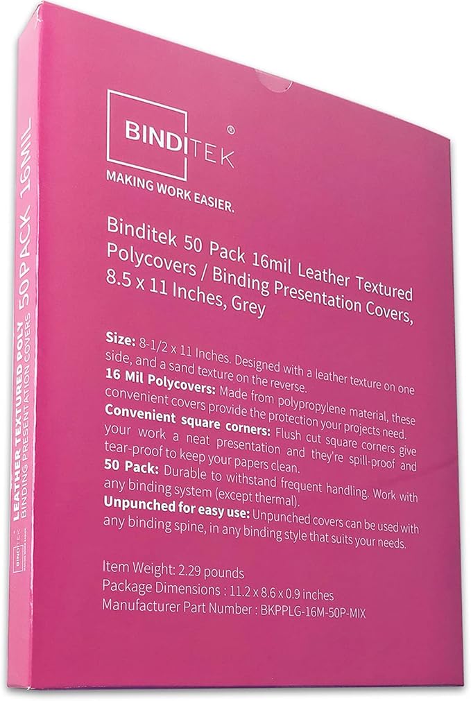 Binditek 50 Pack 16 Mil Leather Textured Polycovers - Binding Presentation Covers for Business Reports and Proposals 8-1/2 x 11 Inches, Grey Color, for Students and Coworkers