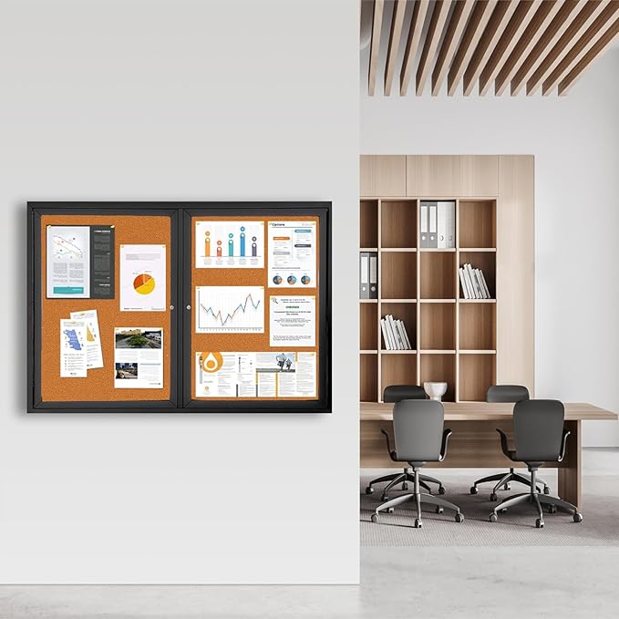 Enclosed Bulletin Board Lockable,Double-Door Weatherproof Outdoor Noticeboard with Locking Door, Wall-Mounted Aluminum Framed Presentation Board, 44x32 Inch (8xA4)