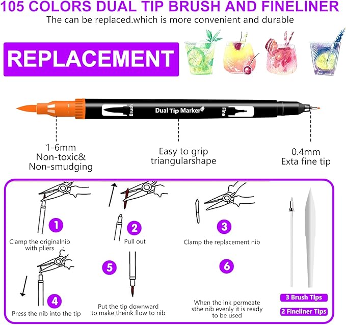 Brush Pens, 105 Colors Dual Tip Markers for Adult Coloring Books, Note Taking and Lettering