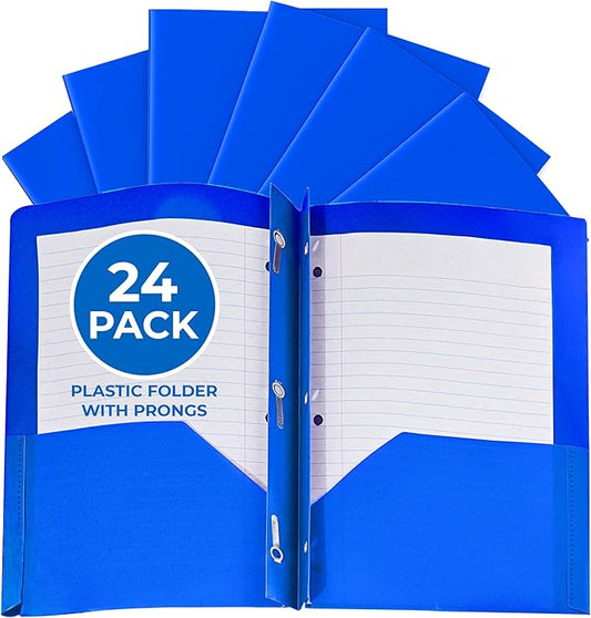 24 Pack Blue Plastic Folders with Pockets Heavy Duty. 2 Pocket Folder with Prongs Bulk. Tear-Resistant Letter Size 8.5x11. Presentation Ready School and Office Supplies