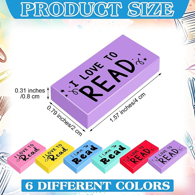 100 Pcs Inspirational Erasers for Kids Back to School Gifts I Love to Read Small Colorful Pencil Erasers for Students Classroom Cute Motivational Gift for Drawing School Office Supplies