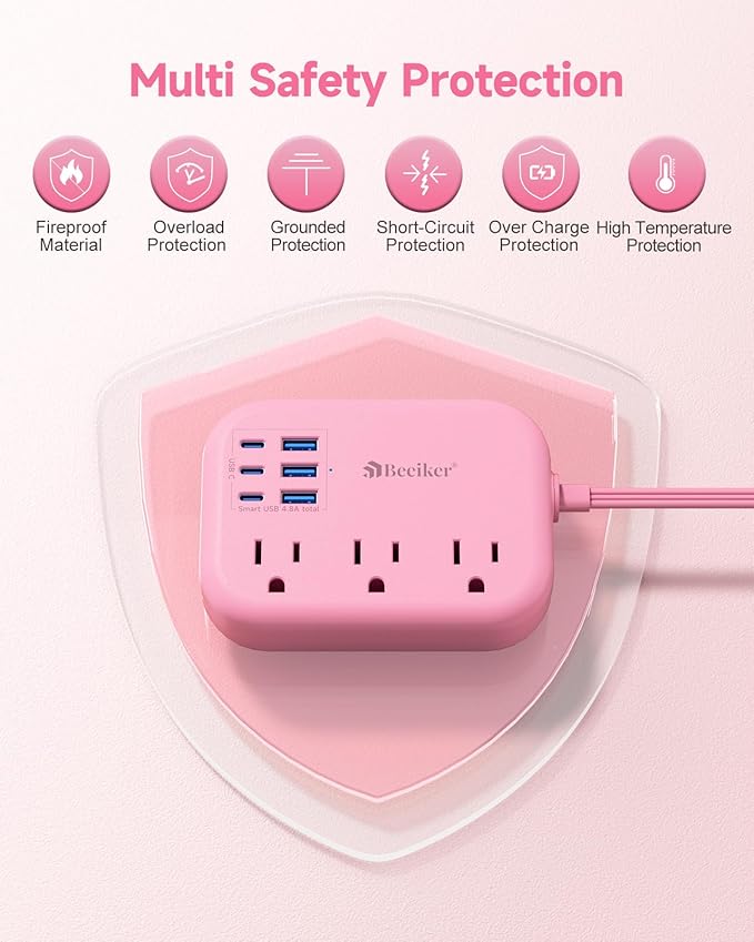 6 USB(3 USB C) Pink Power Strip- 5Ft Extension Cord with 6 USB Charging Station 24W/4.8A and 3 Outlets, Desk Accessories for Cruise Travel Pink Cute Kawaii College Dorm Desk Home Essentials