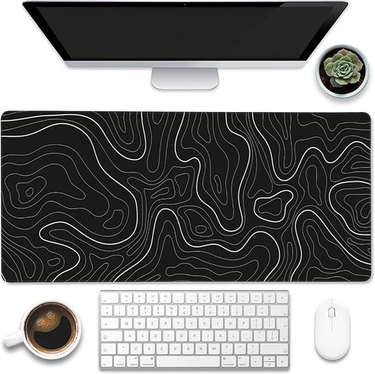 Desk Mat,Black Topographic Contour Map Desk Pad,Topographic Contour Large Gaming Mouse Pad for Desk,Extended Big Computer Keyboard Mouse Pad with Non-Slip Base and Stitched Edge,35.4"x15.7"