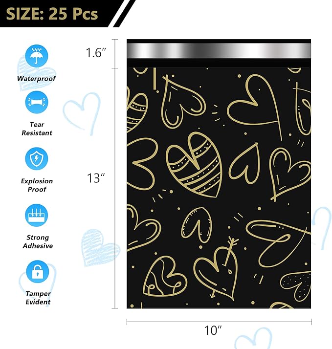 Poly Mailers 10x13 Inch 25 Pcs, Heart printed Thank You Shipping Bags with 2.4mil Thickness, Waterproof Mailing Envelopes, Strong Self-sealing Adhesive Poly Bags for Shipping