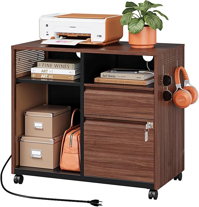 Mobile 2 Drawer File Cabinet,Metal File Cabinet with Lock，Lateral Printer Stand Filling Storage Cabinet for Home Office-A4/F4/Letter(Charging Socket)