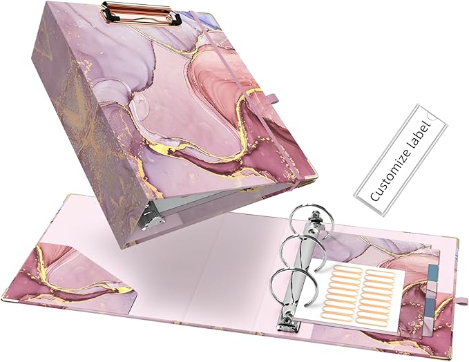 Ospelelf Mini 3 Ring Binder 2 Inch, Cute Binder for 5.5" x 8.5" with 5 Tab Dividers, File Folder Labels and Low Profile Clipboards, Pink Marble Binder for School Supplies and Office Supplies