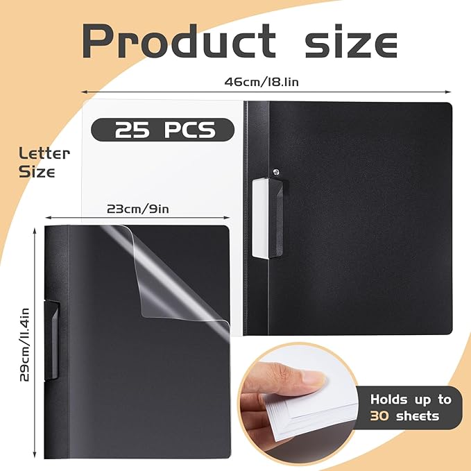 Maitys 25 Pack Clear Report Covers with Clip 11.4 x 9 Inch Presentation Folders Transparent Front Cover Portfolio Folder Resume Folder Interview Report Folders for Letter Size(Black)