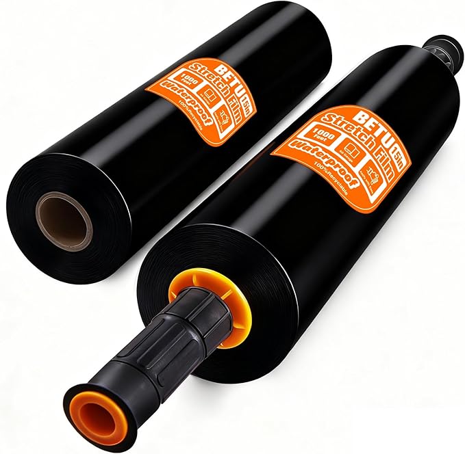 BETU Plastic Wrap Stretch Film for Moving Supplies 15inch X 1000ft, Shrink Wrap Stretch Roll Industrial for Furniture Wrapping Shipping Pallet Moving Boxes Storage with Handles, 2 Pack, Black