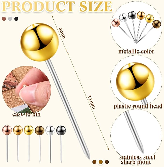 Outus 500 Pieces Map Push Pins 1/8 Inch Map Tacks Plastic Round Head Tacks with Steel Points(Metallic Color, 1/8 Inch)