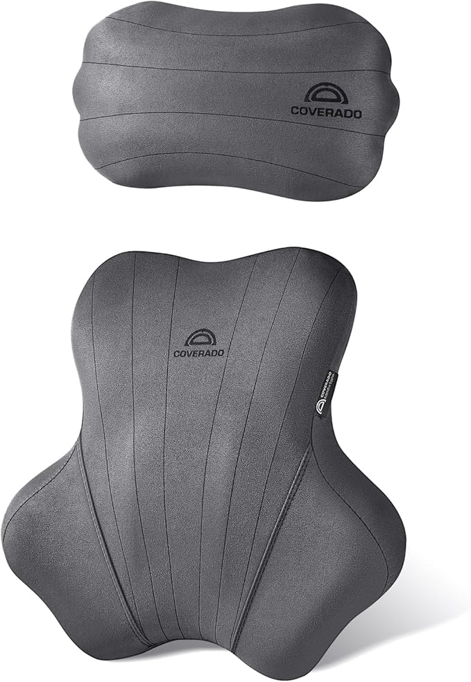 Coverado Car Lumbar Support Pillow and Car Neck Pillow Kit, Ergonomic Design Car Headrest Pillow for Driving, Relax Back Head Muscles Relieve Driving Fatigue, Breathable & Removable Cover, Gray