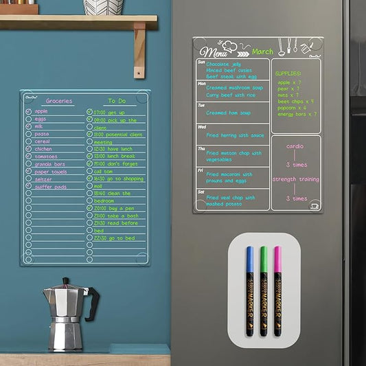 Clear Non-Magnetic Meal Planner Set for Fridge - Dry Erase Transparent Menu and List Board - Sticks to Wall, Glass, Door, Any Smooth Surfaces