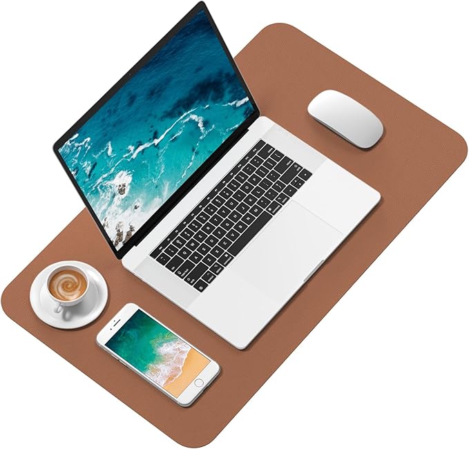 Hsurbtra Desk Pad, 23.6" x 13.8" PU Leather Desk Mat, M Extended Mouse Pad, Waterproof Desktop Blotter Protector, Non-Slip Ultra Thin Small Laptop Keyboard Writing Mat for Office Home, Dark Apricot