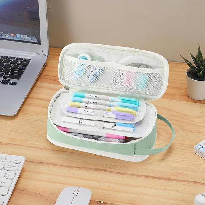 Pencil Case Large Zipper Pencil Pouch for Girls Kids Teens Adults Aesthetic Pencil Bag Stationery Organizer Pen Pencil Case with Handle for School Green