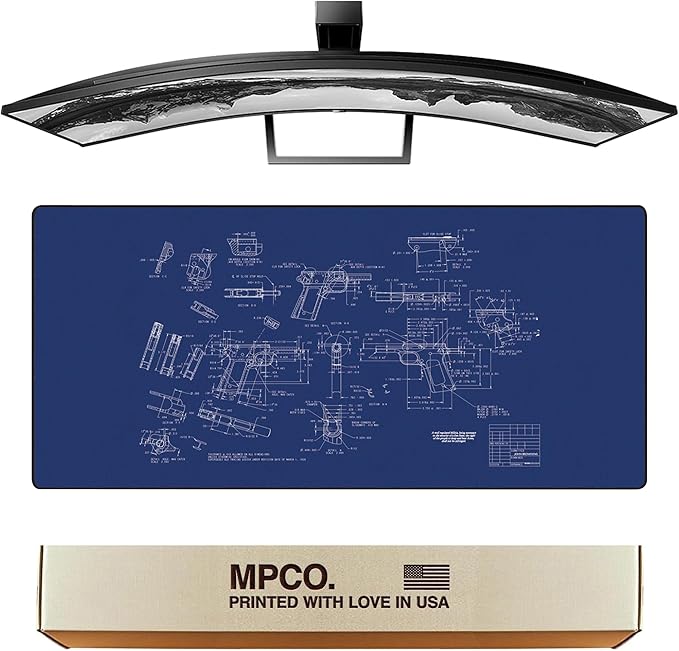 MPCO. Blueprints Large Gaming Desk Pad - 36" x 17" Aeroglyde Fabric Browning 1911 – Black Desk Mats - Non-Slip, Washable, Smooth Glide for Precision Gaming & Work