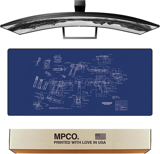 MPCO. Blueprints Large Gaming Desk Pad - 36" x 17" Duraglyde Fabric Browning 1911 – Blue Desk Mats - Non-Slip, Washable, Smooth Glide for Precision Gaming & Work