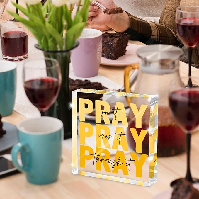 Yellow Dorm Room Decor for Women, Ideal Christian Gifts for Women - Pray On It,Pray Over It - Bible Verse Desk Art, Inspirational Decor, Desk Decorations for Office, 4 x 4 inches（Yellow）