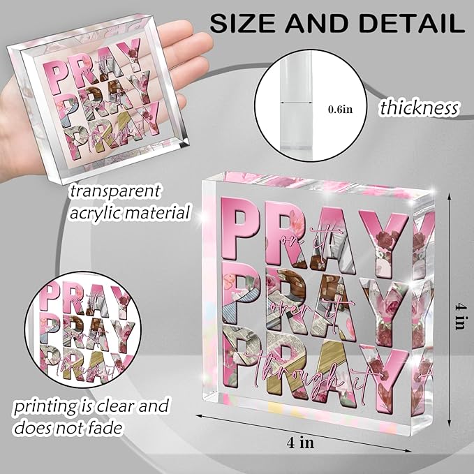 Religious Gifts for Women, Pink Inspirational Decor Pray Over It Bible Verse Art Christian Gifts, 4x 4 Inches Office Desk Accessories Decor Sign