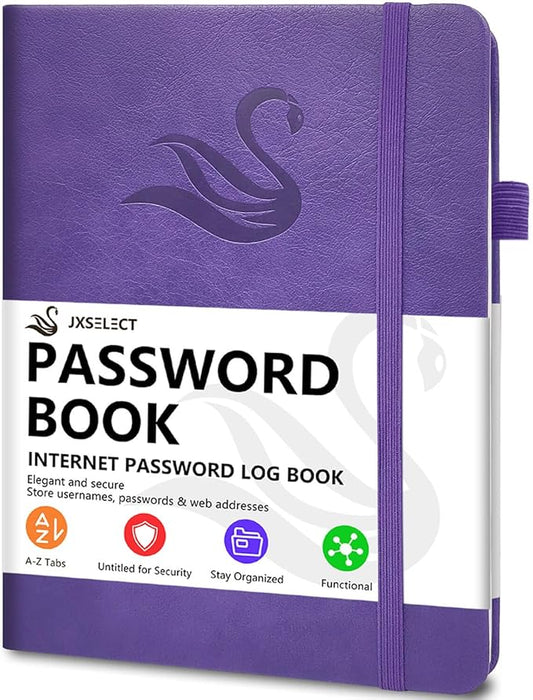 Elegant Password Book with Alphabetical Tabs - Hardcover Password Book for Internet Website Address Login - 7" x 10" Password Keeper and Organizer w/Notes Section & Back Pocket (Violet Purple)