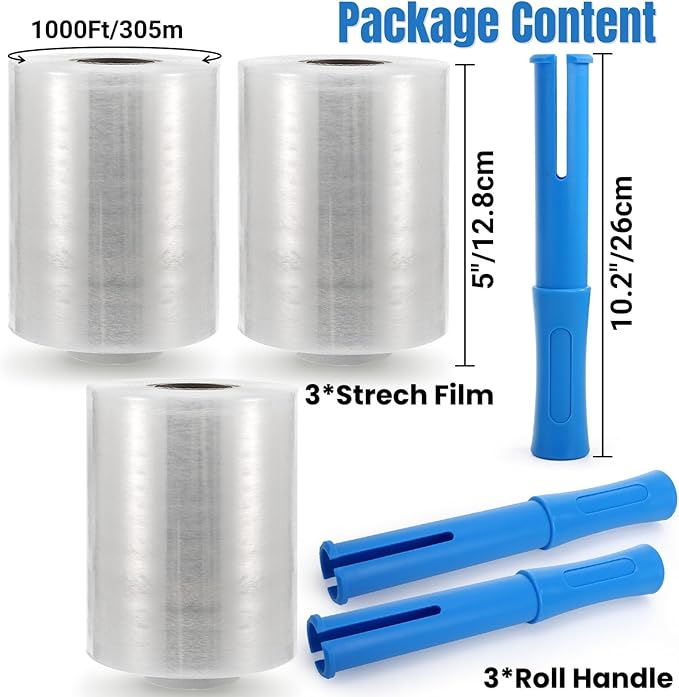 3 Pack 5" x 1000ft Clear Industrial Stretch Wrap Film, 100 Gauge Mini Plastic Wrap with Handle, Heavy Duty Stretch Film Roll, Thick Cling Pallet Wrap for Packing, Moving Supplies, Packaging