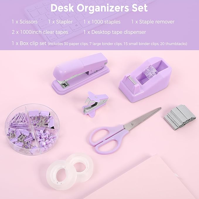 SKYDUE Purple Desk Accessories, Purple Office Supplies Set, Stapler, Tape Dispenser, Scissors, Binder/Paper Clips and 1000pcs Staples,Office Supplies for Women