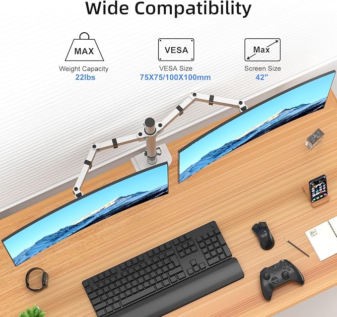 Suptek Dual Monitor Desk Mount, Adjustable Dual Monitor Arm for 2 Monitor Screens up to 42 inch, Extra Tall 15.75" Pole Monitor Stand for Desk, Holds up to 22 lbs,Silver(MD9442LS)