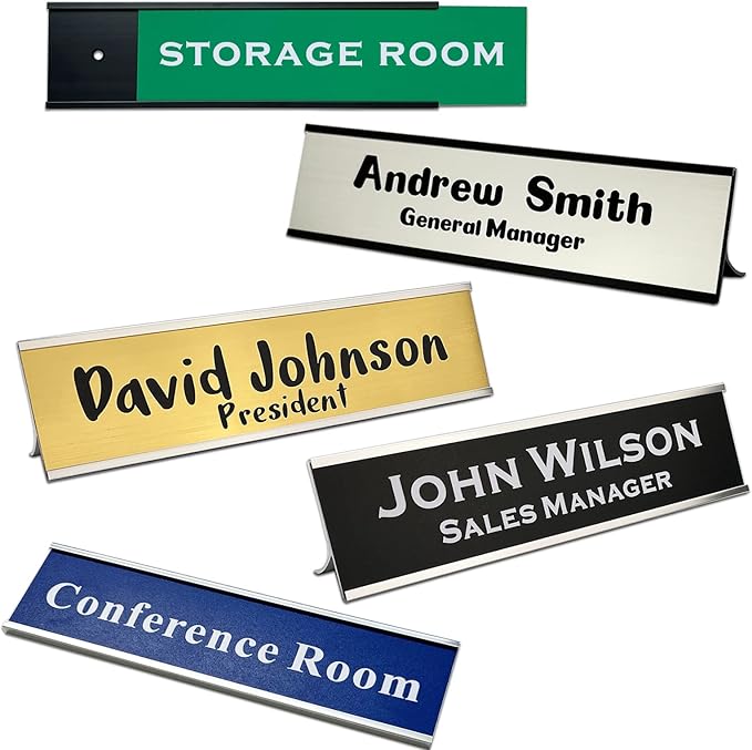 Personalized Desk Name Plates and Door Signs - Custom Office Desk or Door Name Plates with Aluminum Holder with Two Lines of Laser Engraved Text, 2X 8 inches Laser Engraved Sign - Customize