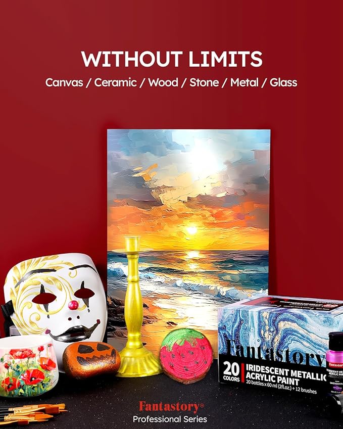 Fantastory Metallic Iridescent Acrylic Paint Set with 12 Brushes, 20 x 2oz Metallic Colors, Color-Shifting, Craft Paint Kit, Metal/Canvas/Rock/Stone/Ceramic/Model/Wood Painting [Professional Series]