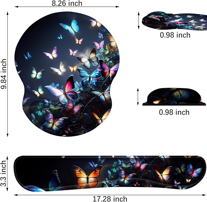 ARTSO Ergonomic Mouse Pad with Wrist Rest, Comfortable Keyboard Wrist Rest, Memory Foam Mousepad for Computer Keyboard, Mouse Pad Set for Easy Typing, Pain Relief, Night Butterfly