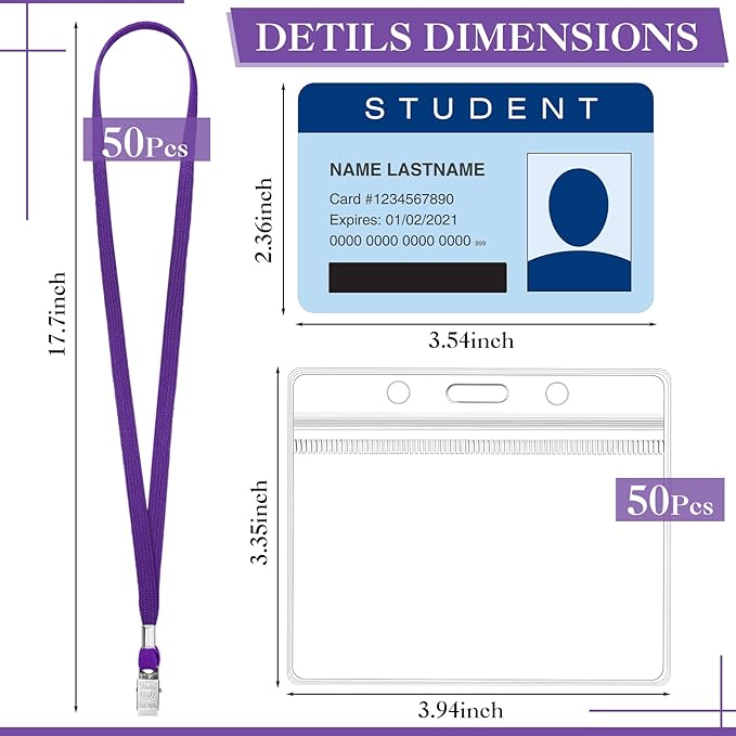 Marspark 50 Sets Clear Name Tags with Lanyard, Lanyards for ID Badges Reusable Strap with ID Holder Plastic Name Badges for Adults Business School Church Conference (Purple)