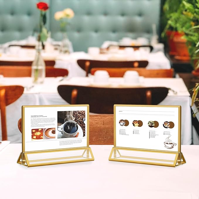Acrylic Sign Holders Golden Border 8 Pack 6x4 Wedding Table Number Frames Double Sided Table Menu Stands with Horizontal Stand, Photos and Art Display
