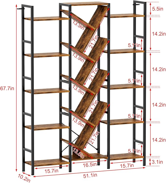 Triple 5 Tier Bookshelf, Large Bookcase Industrial Bookshelf with 19 Open Display Shelf, Wooden Wide Tall Tree Bookshelf for Living Room Home Office, Rustic Brown