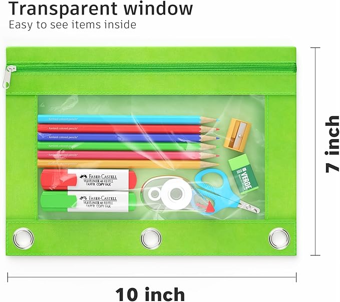 DoDoMagxanadu Binder Pencil Pouches, Pencil Pouch for 3 Ring Binder with Zipper Pulls, Clear Window Pencil Case for Binder, Zipper Pencil Pouches with Rivet Enforced 3 Ring, 20 Pack, 10 Color