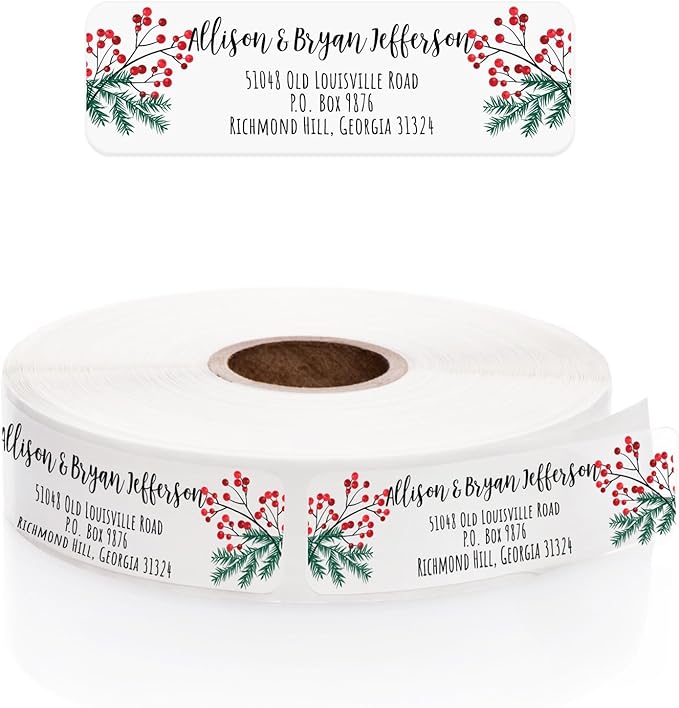 Clear Pine and Holly Rolled Address Labels / 250 Personalized Return Address Labels/Designer Address Stickers in Elegant Plastic Dispenser