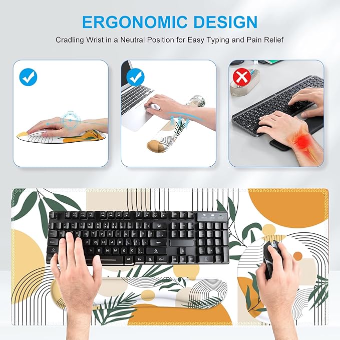 iCasso Mouse Pad and Keyboard Wrist Rest Set, 4in1 XXL Large Mousepad +Keyboard Pad+Mouse Wrist Rest+Coaster with Wrist Support, Ergonomic Desk Pad Mat for Home Office Table Computer-Elm Leaf