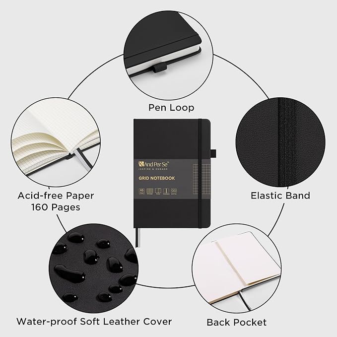 &And Per Se Graph Journal Notebook, 160 Pages, 5.7 x 8 inches College Ruled Thick Paper Notebook Journals for Writing, Grid Hardcover Notebook(1 Pack, black)