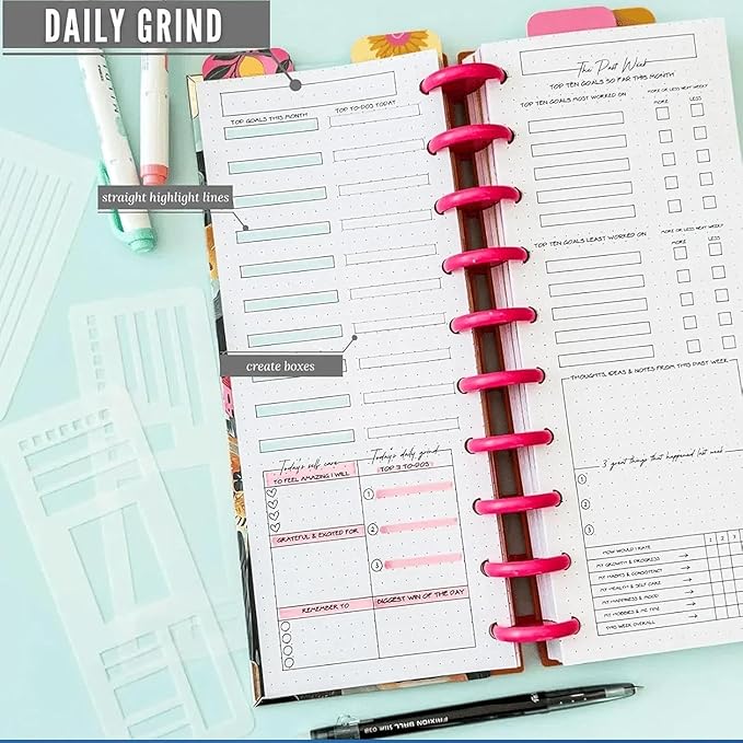 Handmade Flexible Record Template, 3-Pack Planner Stencils Set for Journaling, Habit Trackers, Task Lists & Daily Planning, Compatible with Dot Grid Journals, Coils, Discs & Rings (B)