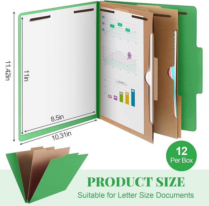 Skyygemm 12 Pcs Classification Folders Letter Size, 2 Pocket Dividers Pressboard File Folder with Fasteners, Expanding File Organizer Bulk for Teachers, Clergy, Office, Church, Christmas (Green)