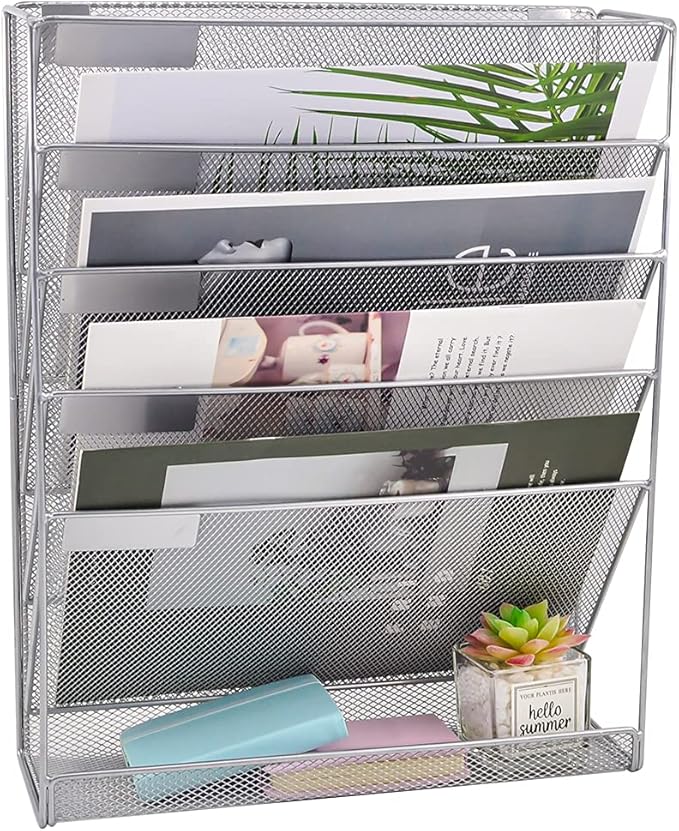 EASEPRES Desk File Organizer Mesh 6-Tier, Hanging Wall Mount Document Organization Stand, Desktop Vertical Mail Paper Folder Holder Rack with Bottom Tray for Office Home Cubicle Countertop, Silver