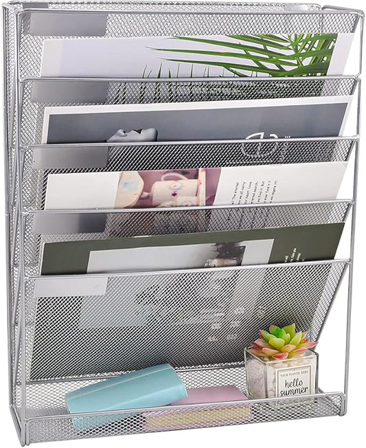 EASEPRES Desk File Organizer Mesh 6-Tier, Hanging Wall Mount Document Organization Stand, Desktop Vertical Mail Paper Folder Holder Rack with Bottom Tray for Office Home Cubicle Countertop, Silver