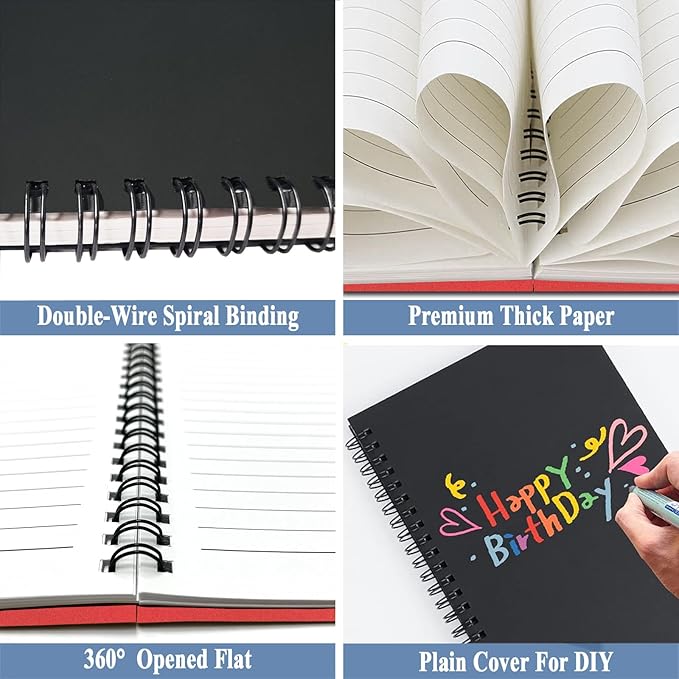 4Pack Small Spiral Notebook A5, 8.25x5.5” 120 Lined Pages Black & Red Wide Ruled Spiral Journal Bulk Blank Kraft Cover Spiral Bound Notebook & Writing Pads for Home Office Meeting Work Note Taking