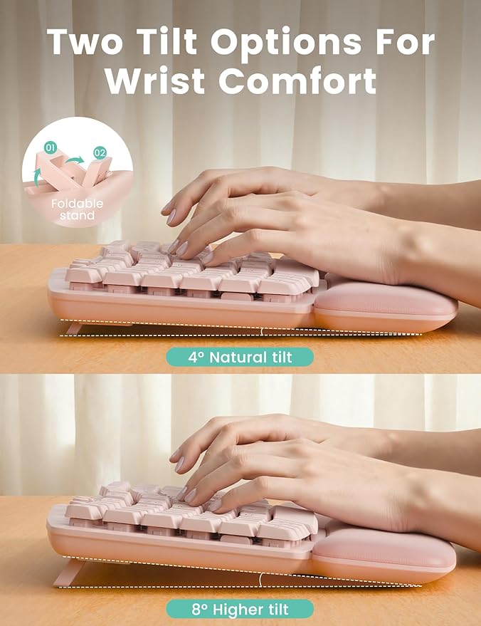 Pink Quiet Wireless Keyboard and Mouse Combo, 2.4G Ergonomic Wave Key Board with Cushioned Plam Rest, Full-Size Soft Typing Keyboards, 3 DPI Adjustable Silent Mouse for Computer/Laptop/Windows/Mac