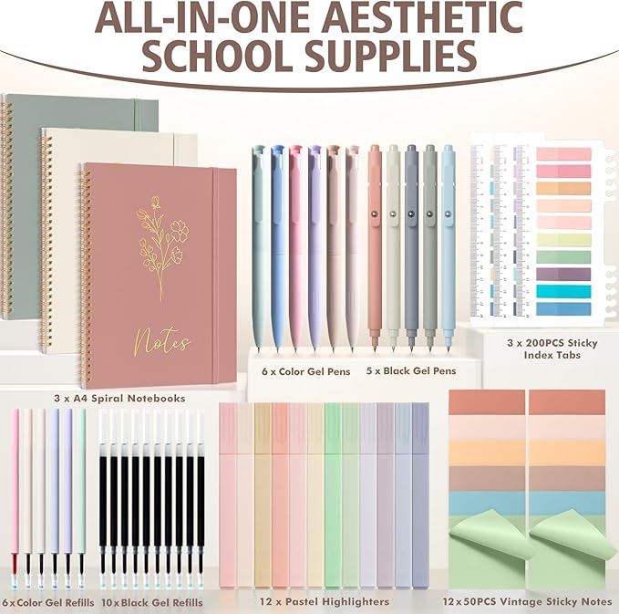 58PCS Aesthetic School Supplies, Cute College Ruled A4 Spiral Notebook Stationary Set Back to School Supplies Bible Study Kit Office College Essentials with Pastel Highlighters for Women Student Girls
