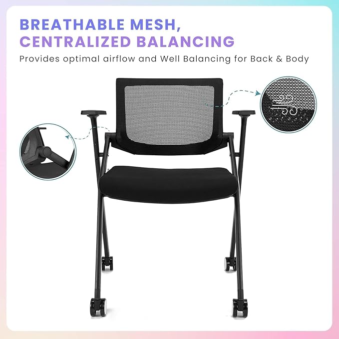 10 Pack Stackable Conference Room Chairs with Wheels and Paddle, Ergonomic Mesh Back and Arms for Meeting, Conference, Reception, Training Room & Home Office Desk Folding Chairs, Black