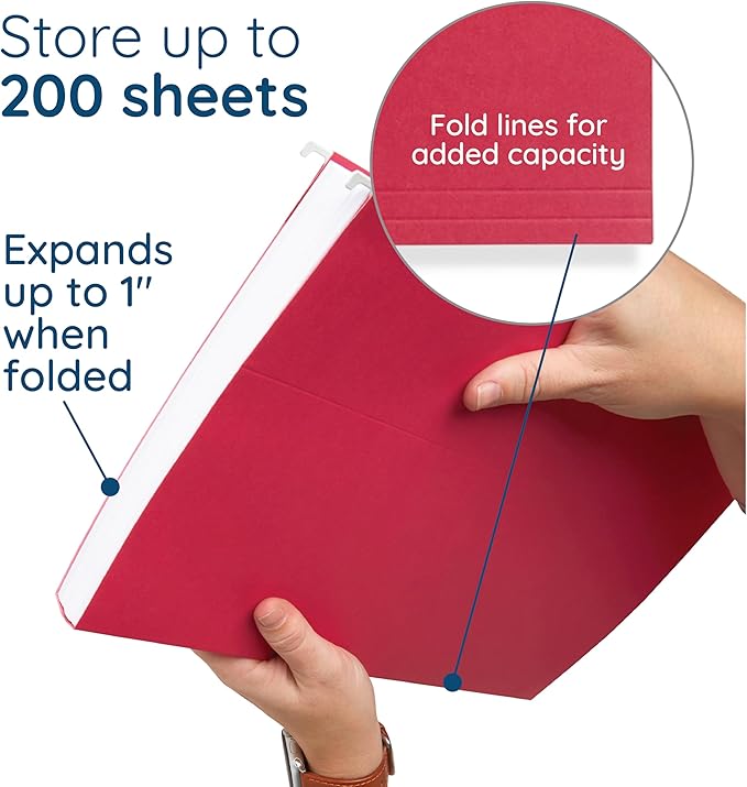 25 Blue Summit Supplies Legal Size Hanging File Folders - Red Hanging File Folders with Plastic Tabs and Inserts, Durable 11pt Paper, 25 Pack