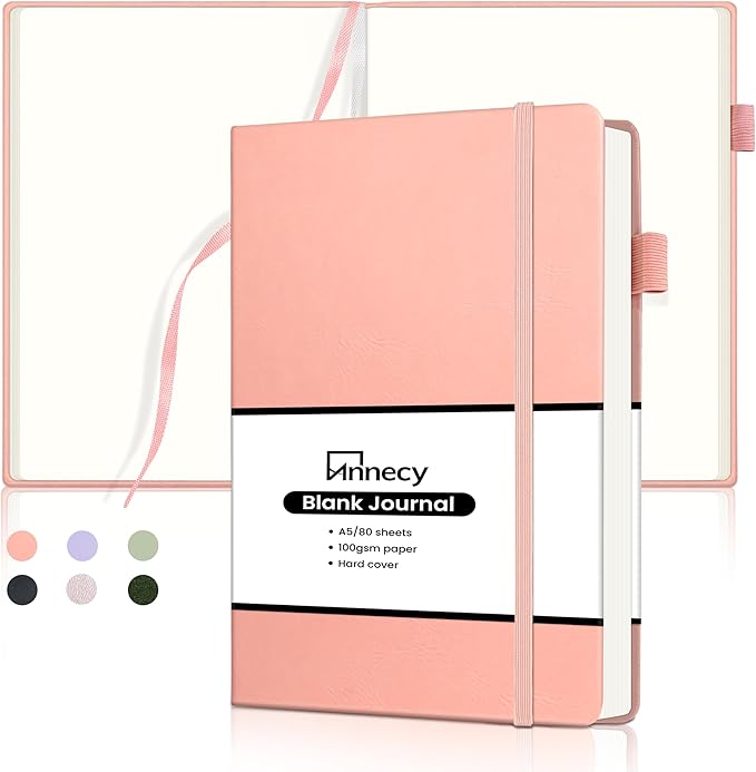 Annecy Blank Journal Notebook, Medium 5.5x 8.25, 160 Pages 100GSM Writing Paper, A5 Peach Pink Faux Leather Cover with Pen Loop