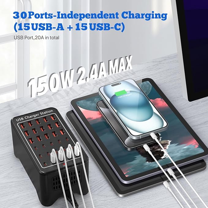 Charging Station, USB C Charger Block, 150W 30-Port【15USB-C + 15USB-A】, Travel Charger Station Fast Charger Desktop USB Wall Charger Compatible iPhone, iPad, Tablets, Smartphones