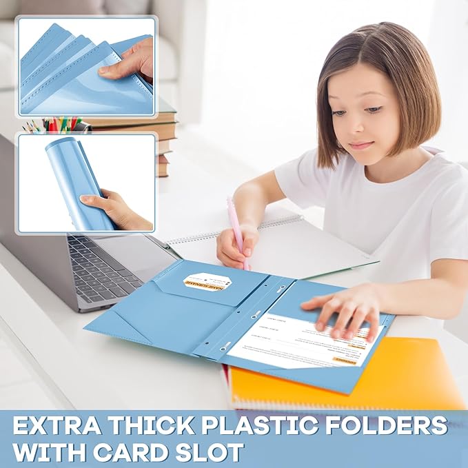 Henoyso 48 Pcs Plastic Folder with Clear Front Pocket and 3 Prongs Heavy Duty Plastic Folders with Card Slot Pocket Folders with Prongs for School Office Home(Blue Haze)